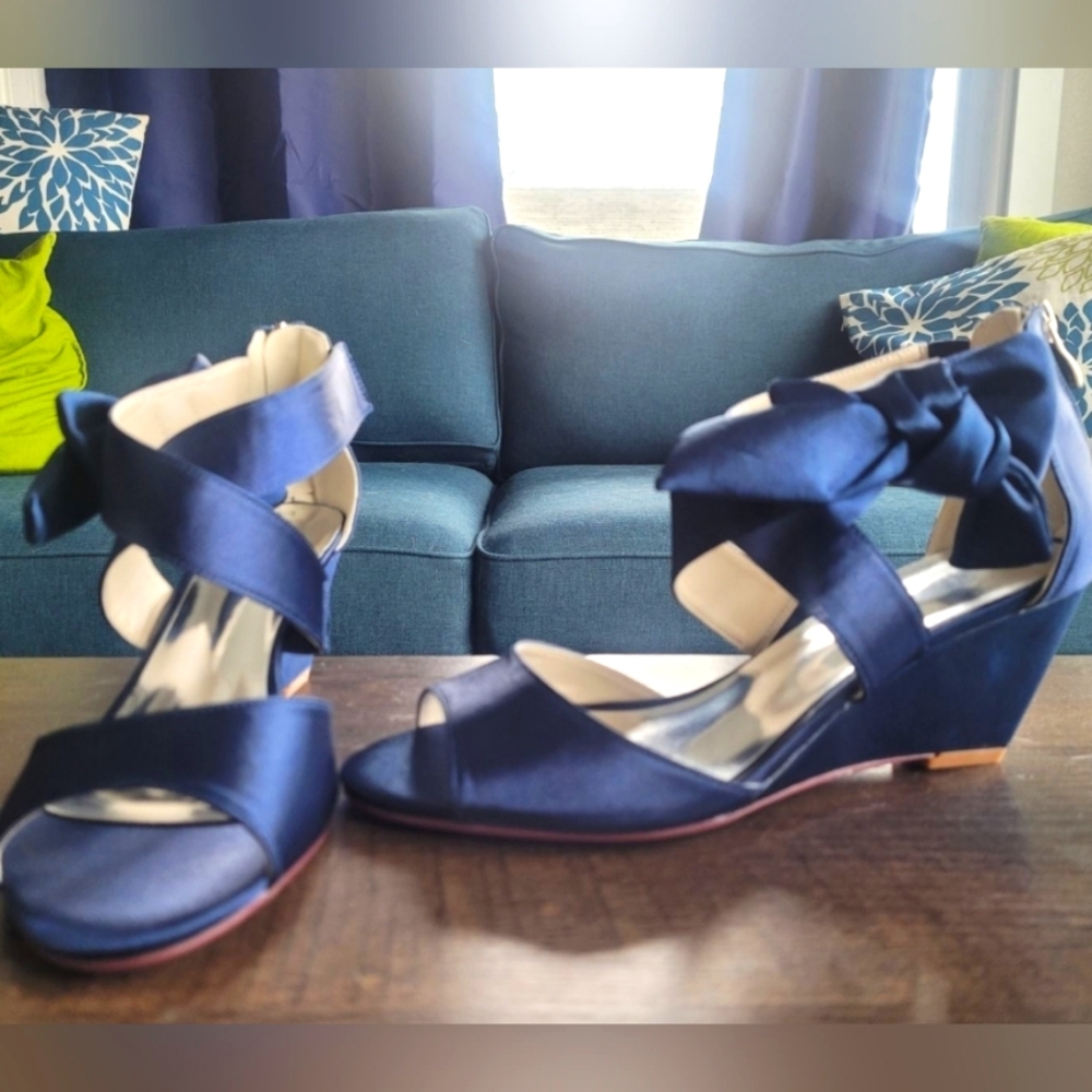 Navy Blue Satin Bride or Bridesmaid Wedges